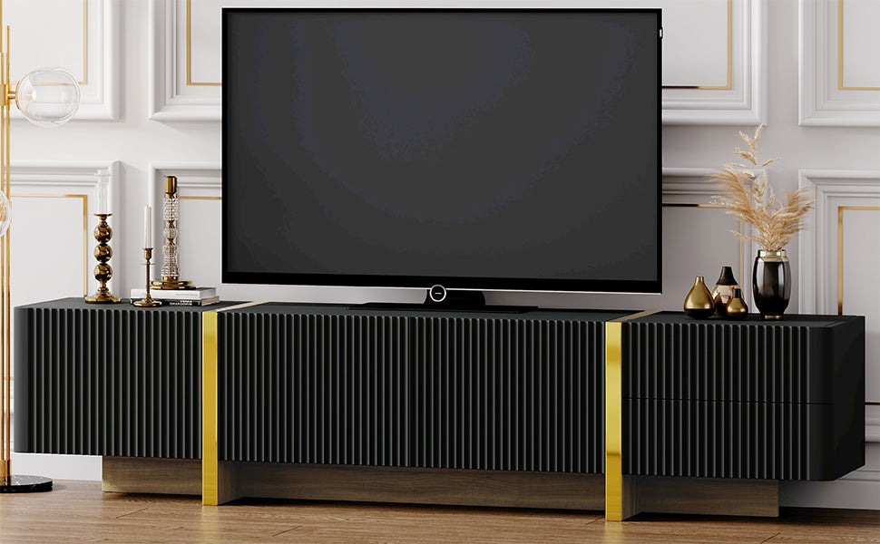 Luxury Fluted TV Stand for TVs Up to 80'', Modern Entertainment Center with Storage Cabinets & Drawers Black - Korvel
