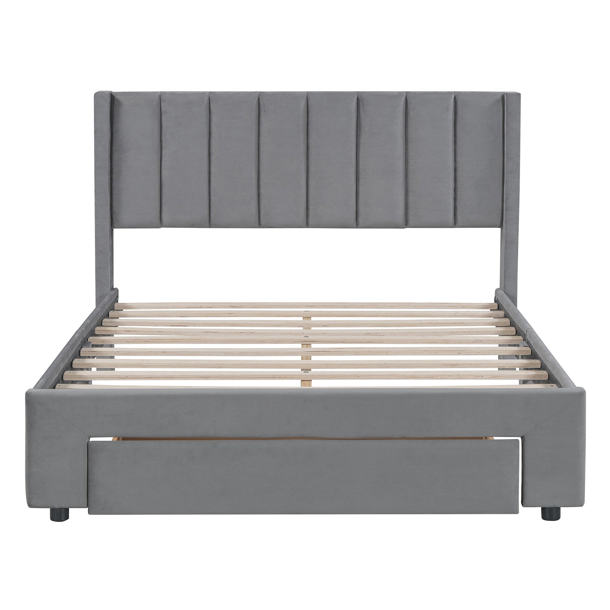 Full Size Storage Bed Velvet Upholstered Platform Bed with a Big Drawer - Gray - Korvel