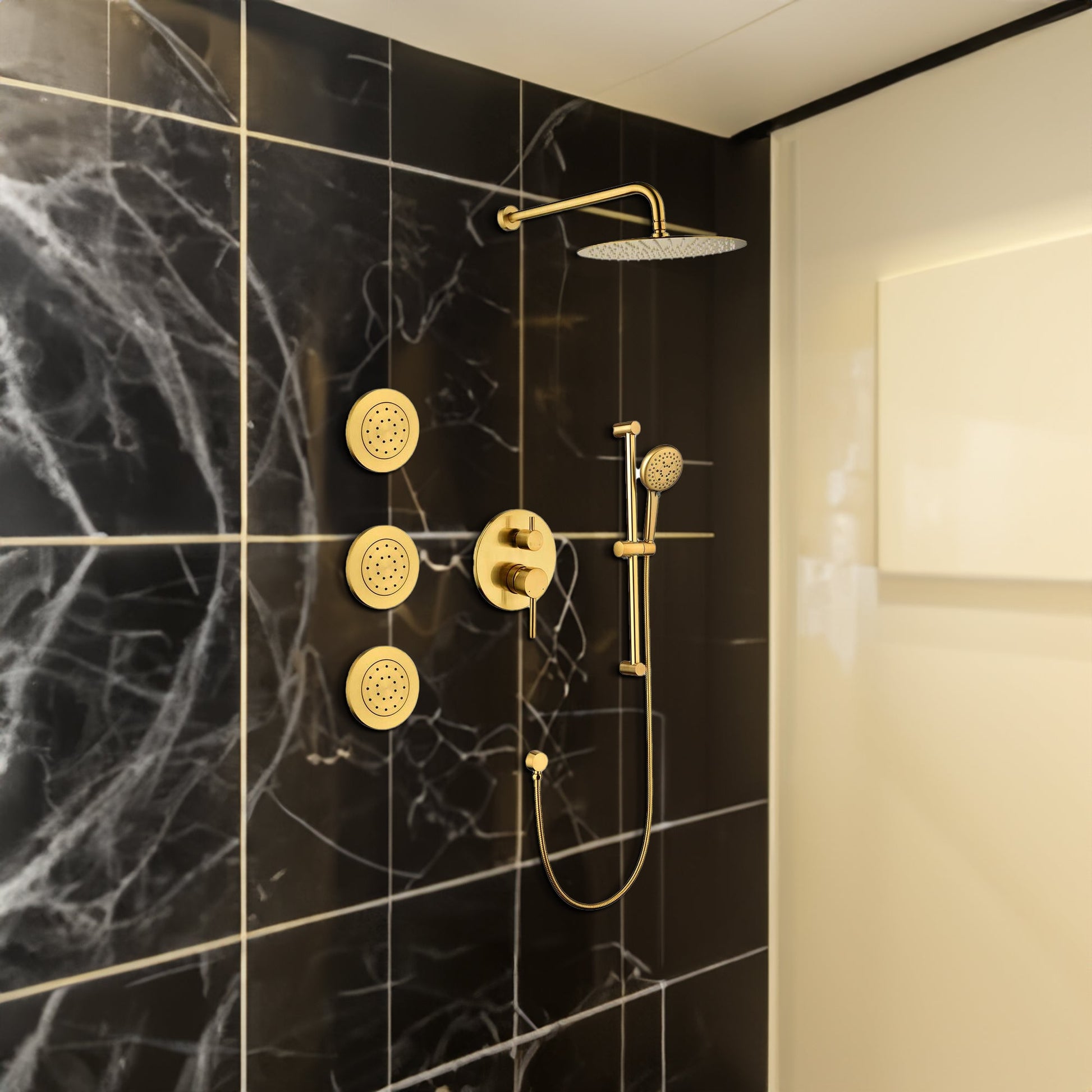 Shower System with Shower Head  Hand Shower Slide Bar Bodysprays, Shower Arm  Hose Valve Trim  and Lever Handles - Korvel