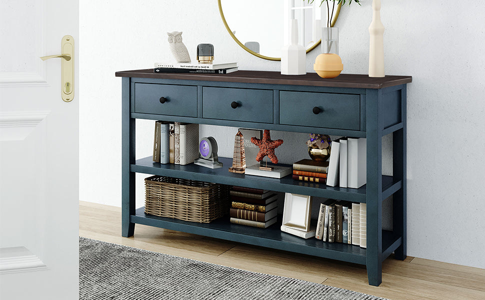 Retro Design Console Table with Two Open Shelves, Pine Solid Wood Frame and Legs for Living Room (Navy) - Korvel