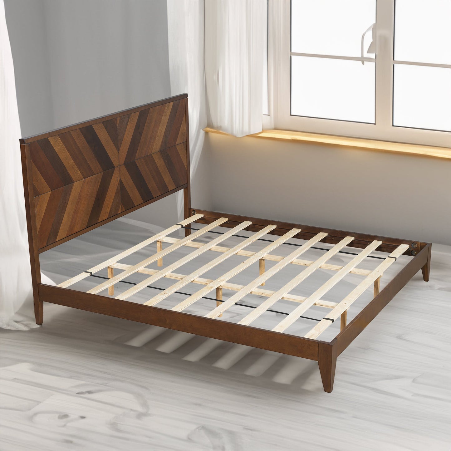 Mid-Century Modern Platform Bed Wood Slat Support with No Box Spring Needed,King Walnut - Korvel