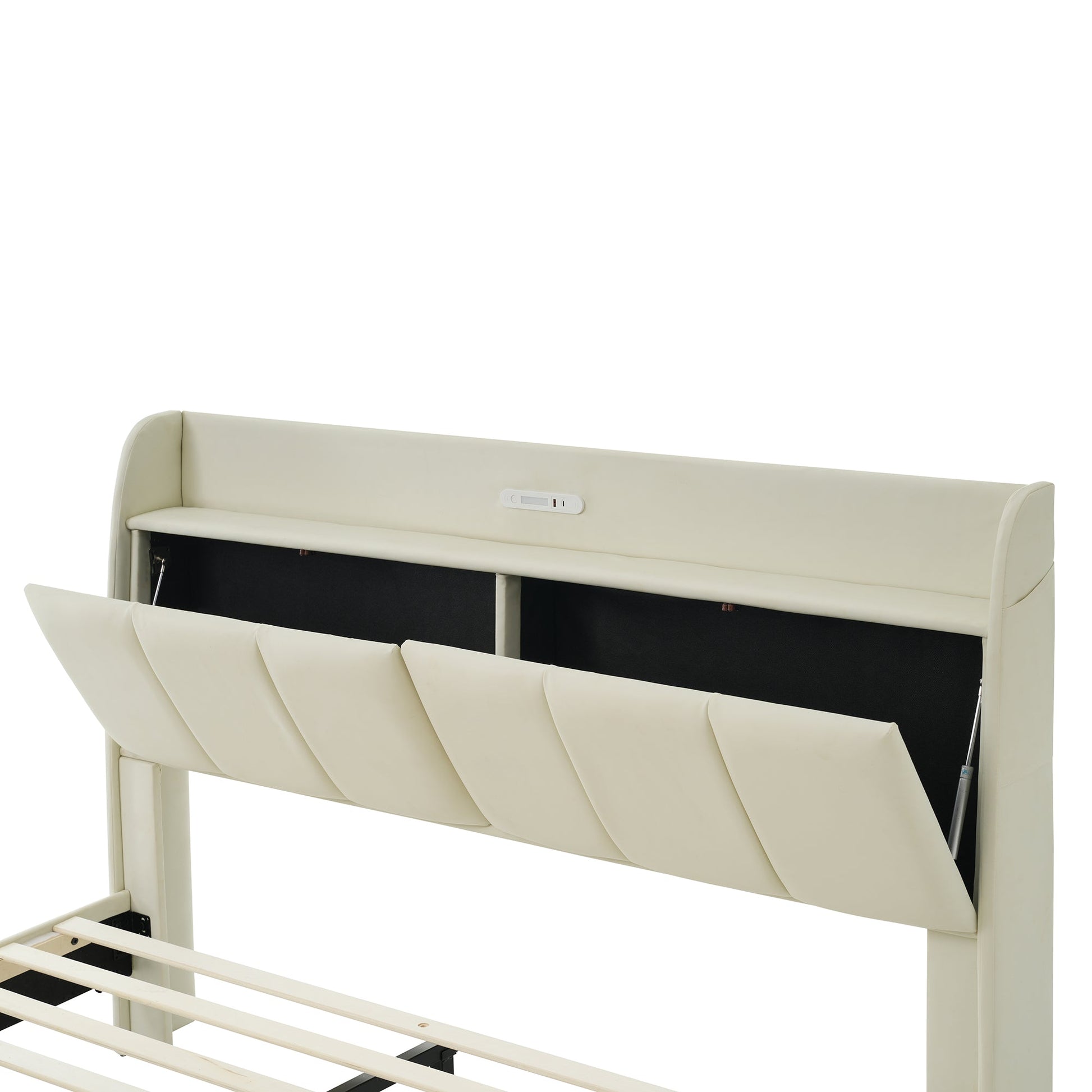 Large floating bed frame with storage headboard, touch sensor, night light and USB charger, padded platform bed, beige color - Korvel