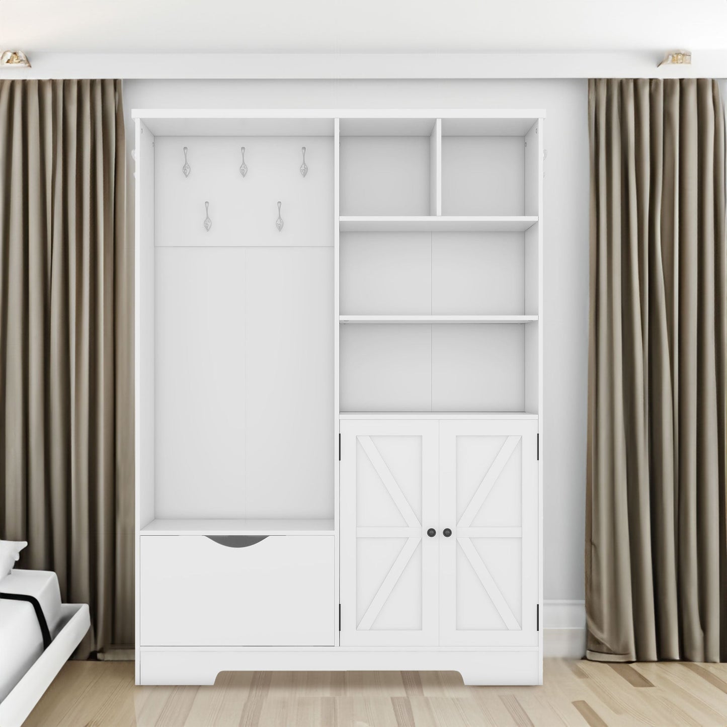 Multi-functional Hall Tree with Storage Shelves Drawers Cabinet Elegant Hallway Shoe Cabinet with Bench Modern Coat Rack White - Korvel