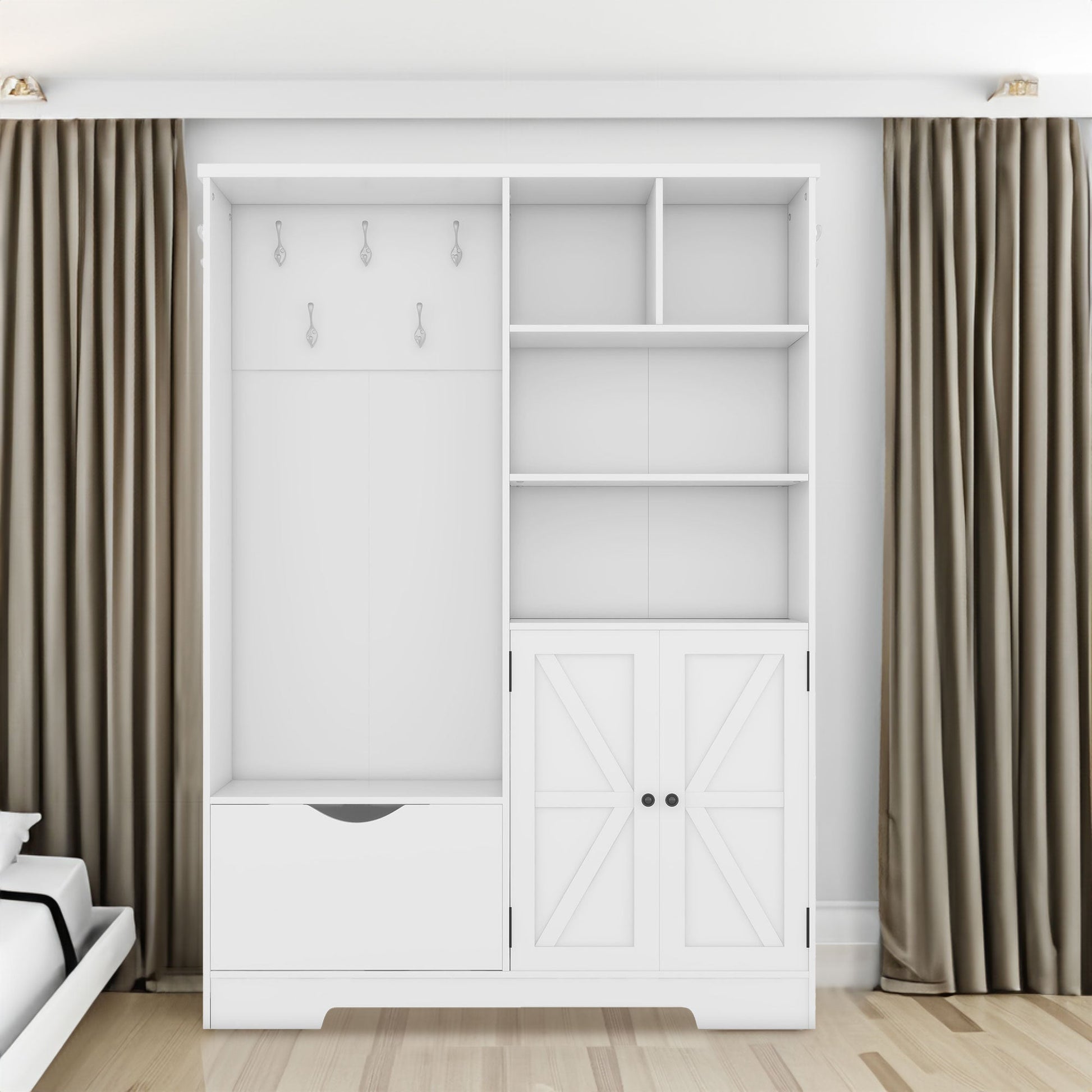 Multi-functional Hall Tree with Storage Shelves Drawers Cabinet Elegant Hallway Shoe Cabinet with Bench Modern Coat Rack White - Korvel