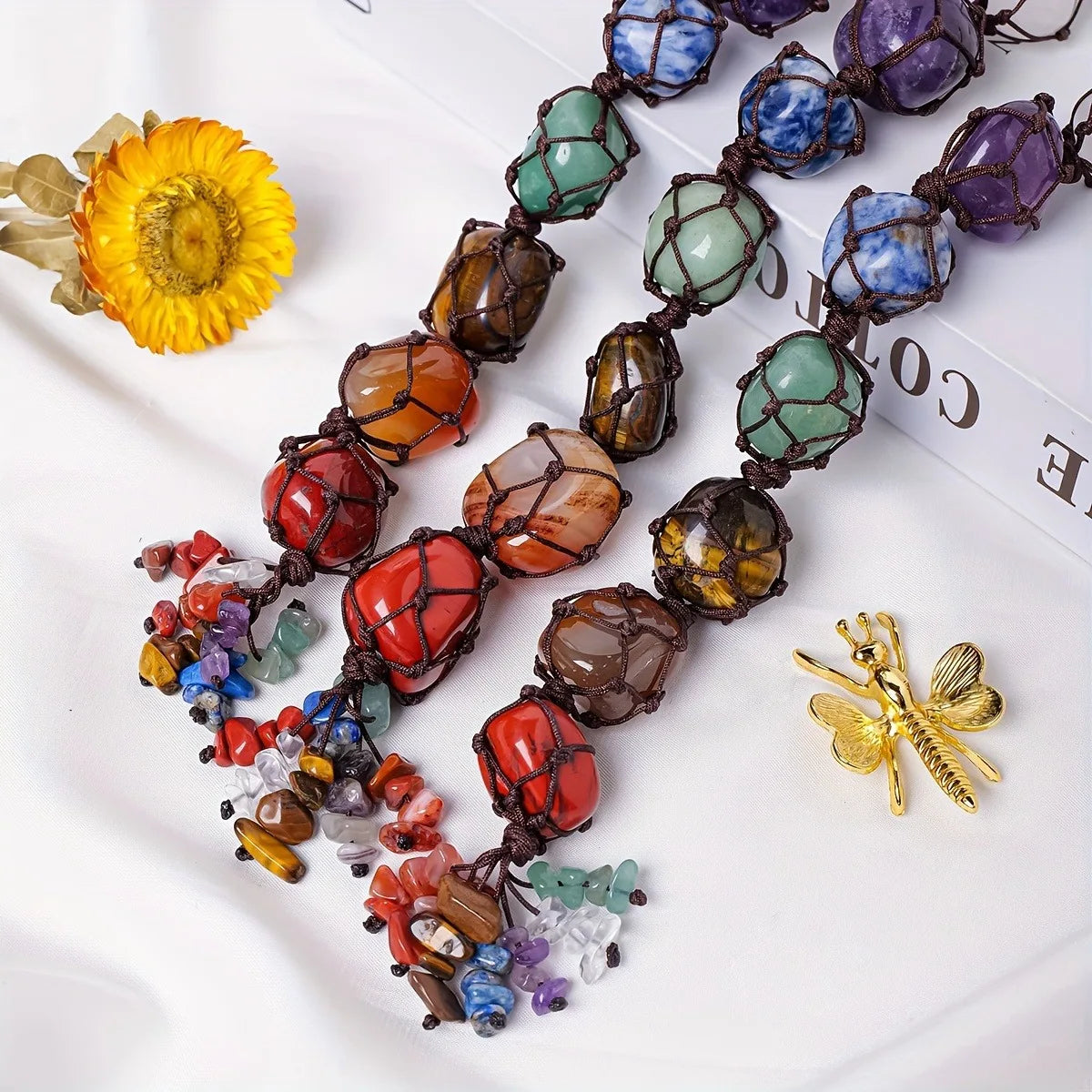 Natural Crystal Seven Color Rolling Stone Car Pendant