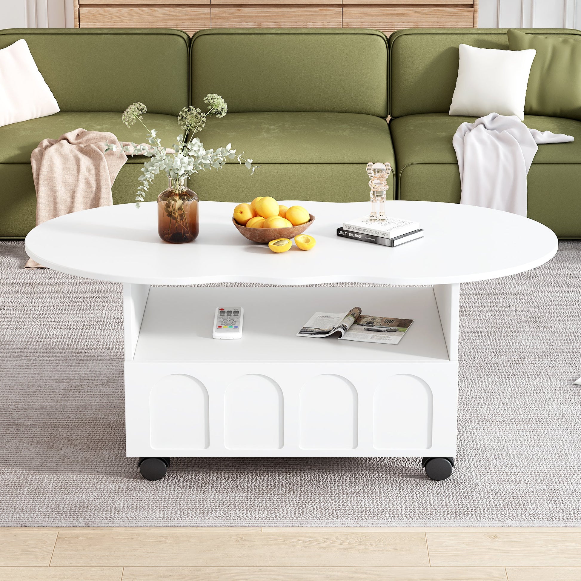 ON-TRANS flexible cream style coffee table with 2 brake wheels, drawers, large storage space, white, 39.37 '' x 23.6 '' - Korvel