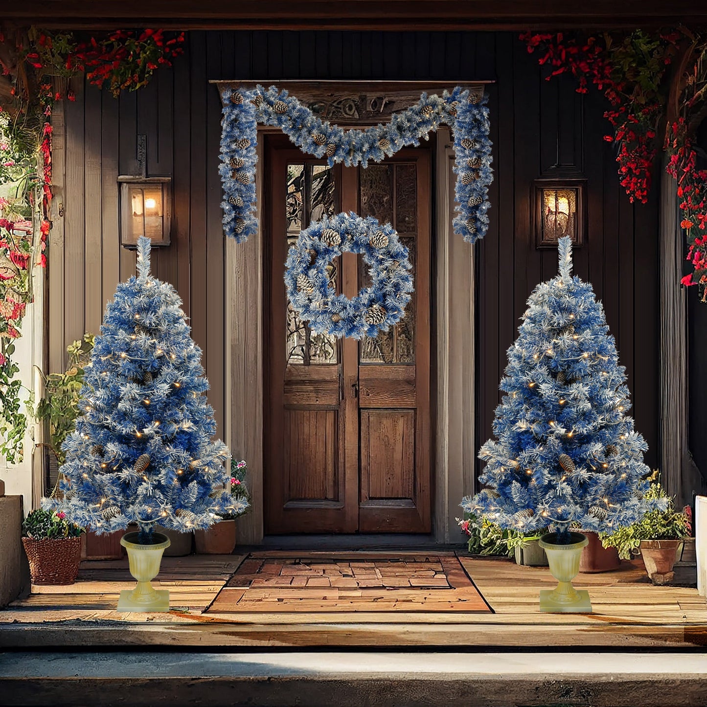 Set of 4 Premium Artificial Christmas Trees with LED Lights