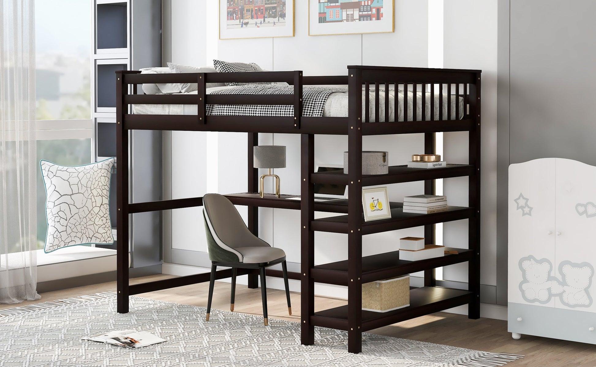 Full Size Loft Bed with Storage Shelves and Under-bed Desk  Espresso - Korvel