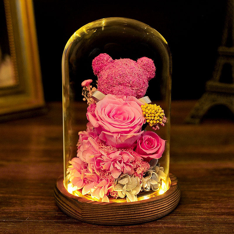 Valentine's Day Gift Everlasting Flower Bear Moss Glass Cover Finished Gift Box for Girlfriend Birthday Ornament Dried Flowers Roses - Korvel