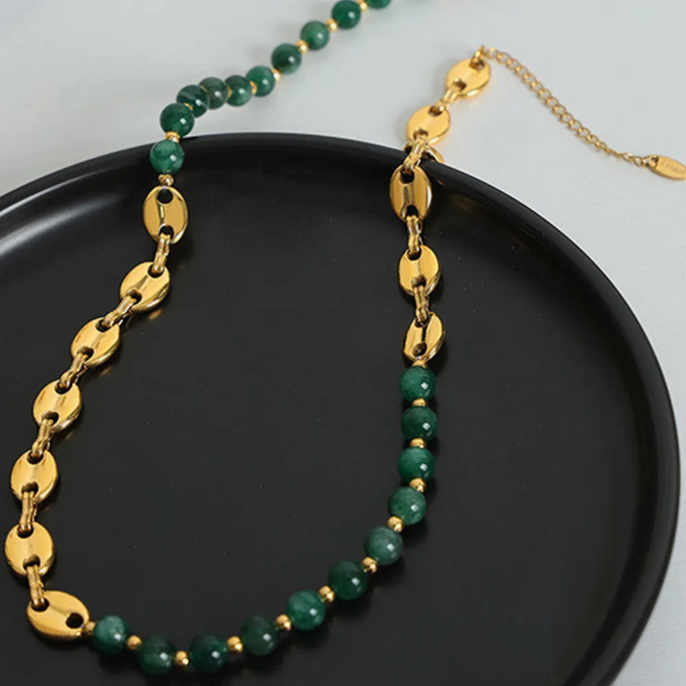 Collier en Chaîne de Perles d'Agate Élégant en Acier Titane Plaqué Or