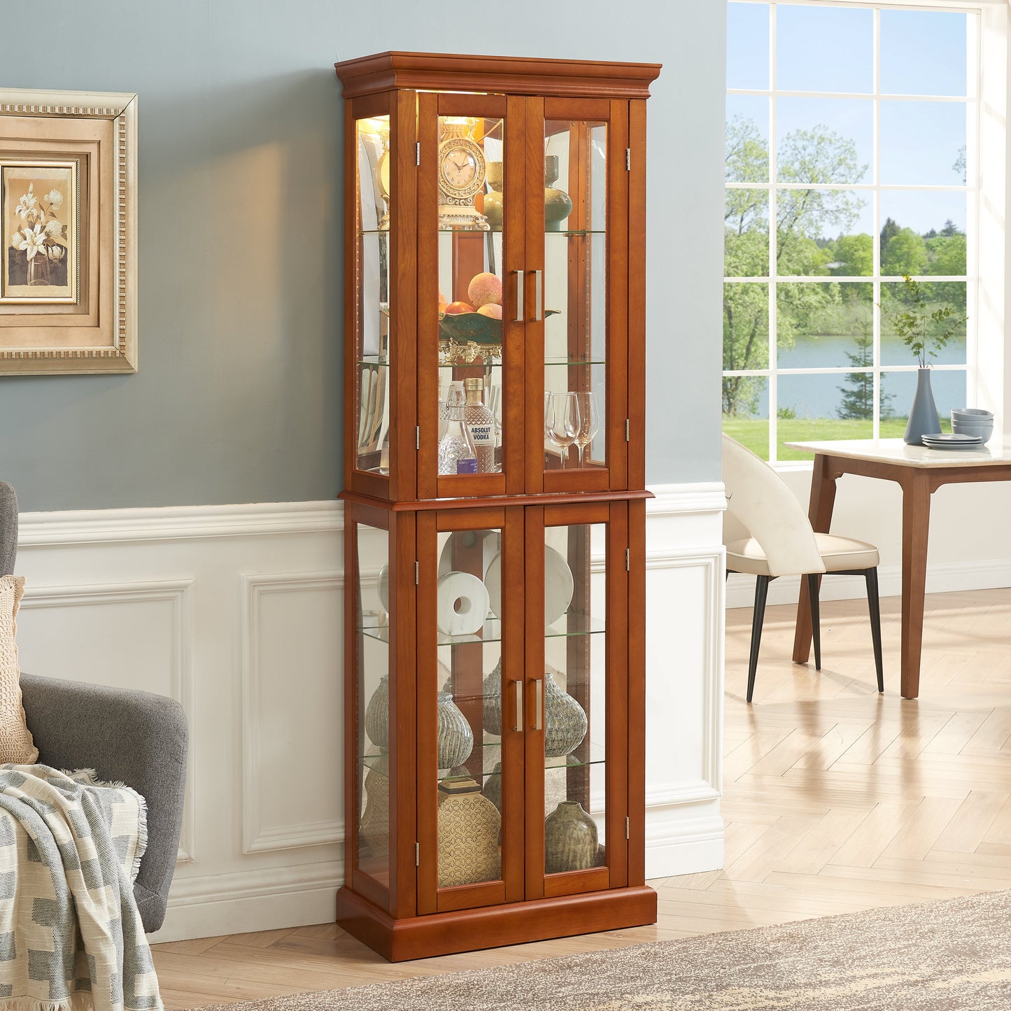 Elegant Walnut Lighting Curio Cabinet with Adjustable Shelves