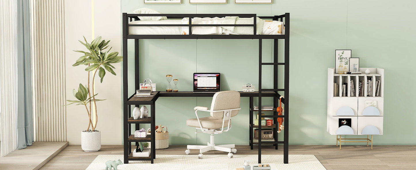 Full Metal Loft Bed with Desk and Shelves, Loft Bed with Ladder and Guardrails, Loft Bed Frame for Bedroom, Black - Korvel