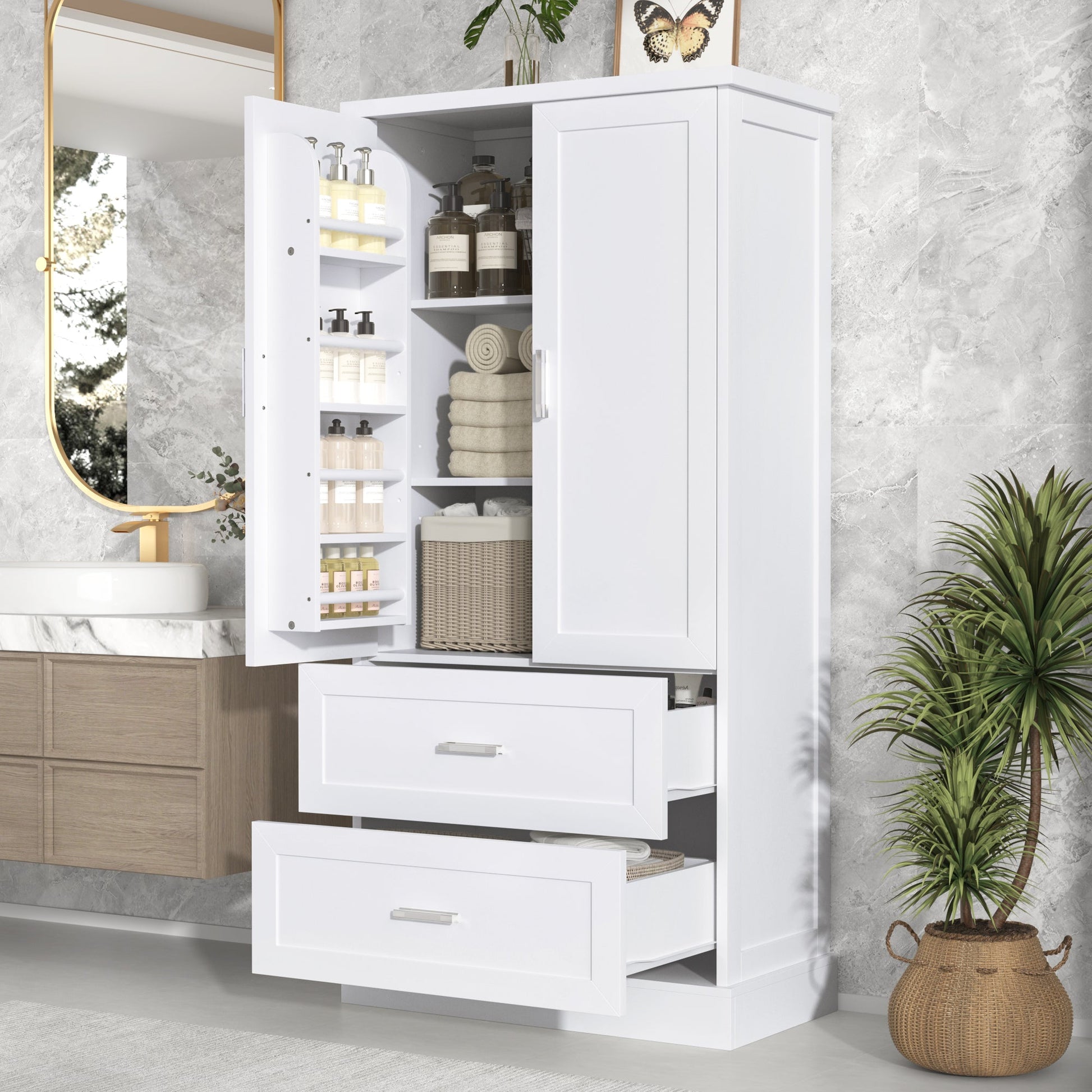 Tall Bathroom Storage Cabinet, Cabinet with Two Doors and Drawers, Adjustable Shelf, MDF Board, White - Korvel