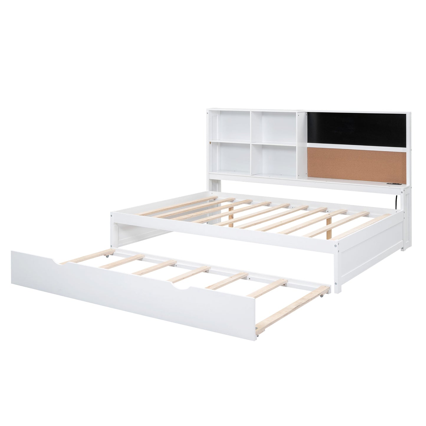 Full Size Daybed with Storage Shelves, Blackboard, Cork board, USB Ports and Twin Size Trundle  White - Korvel