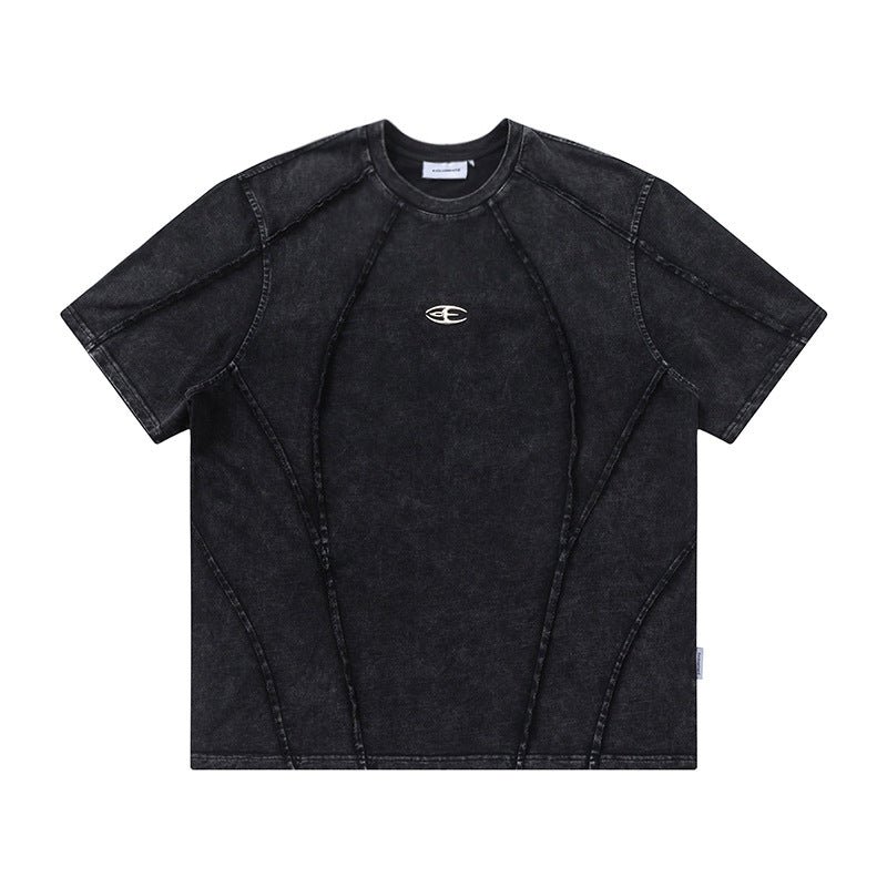 Spliced Raw Edge Short Sleeve T-Shirt Unique Design Hip Hop Men's Washed Vintage Casual Tee - Korvel