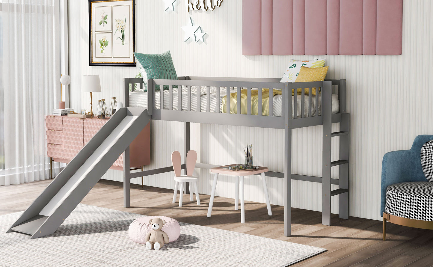 Cama baja tipo loft tamaño twin con escalera y tobogán - Gris