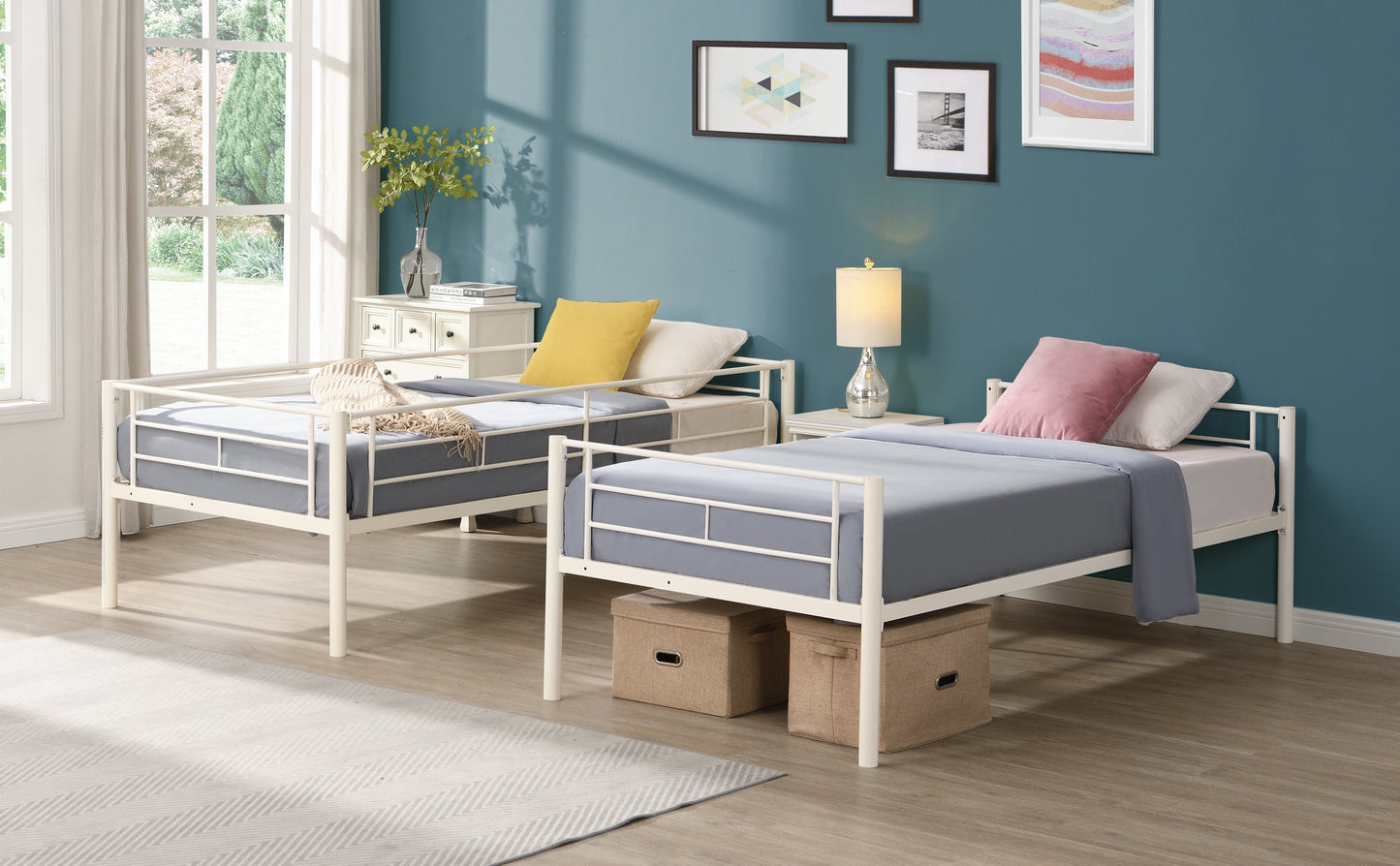 Twin metal bunk beds, metal structure bed frame with safety guardrails and 2 ladders, convertible bunk beds, white - Korvel
