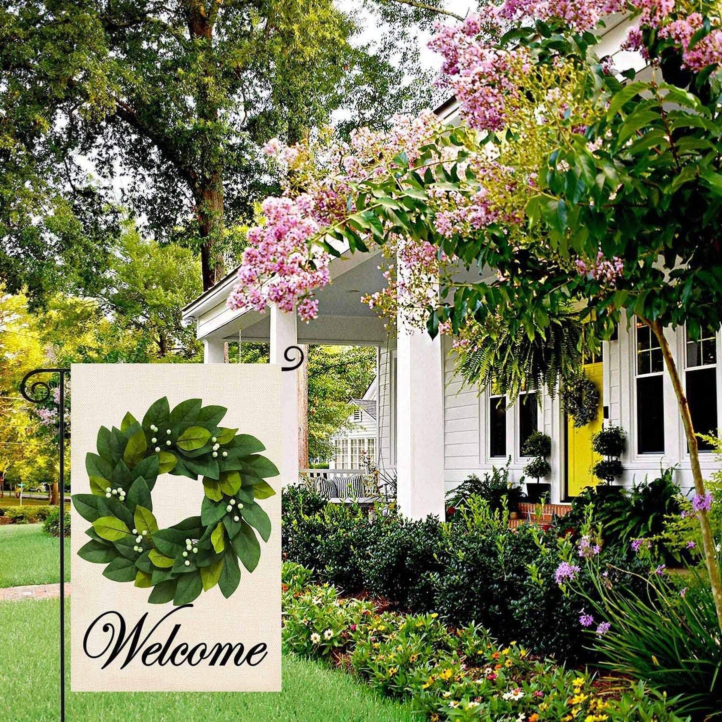Drapeau de jardin Bienvenue Couronne de Feuilles de Magnolia Printemps Été