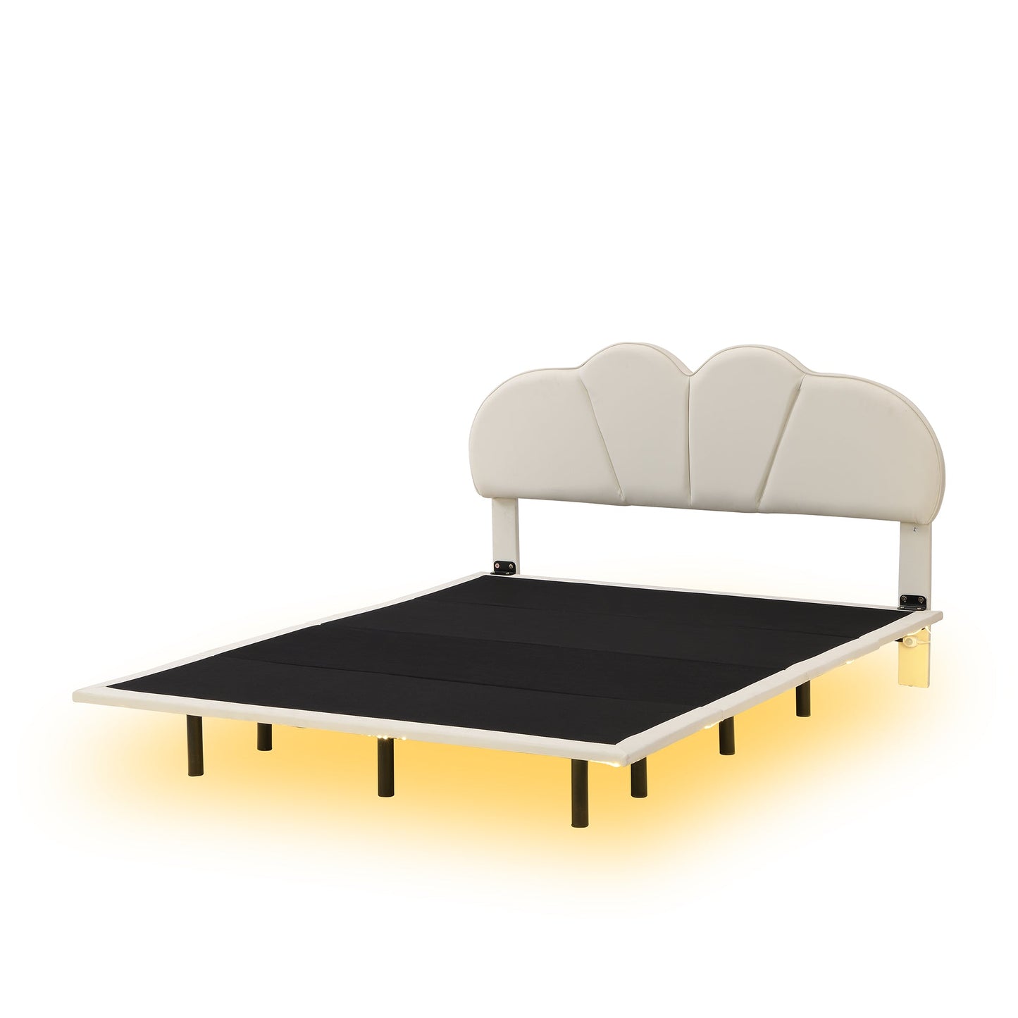 Queen Size Upholstery LED Floating Bed with PU Leather Headboard and Support Legs,Beige - Korvel