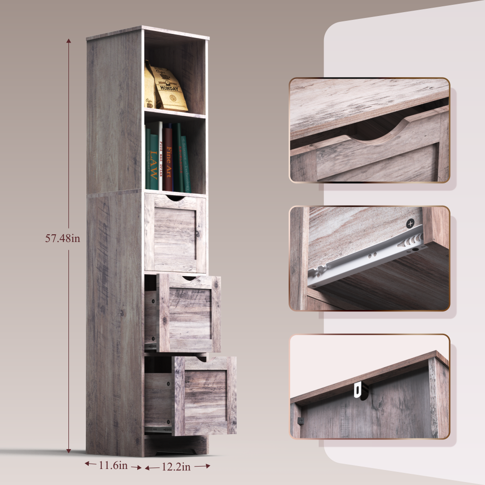 Armoire de salle de bain grise élégante avec 3 tiroirs et 2 étagères