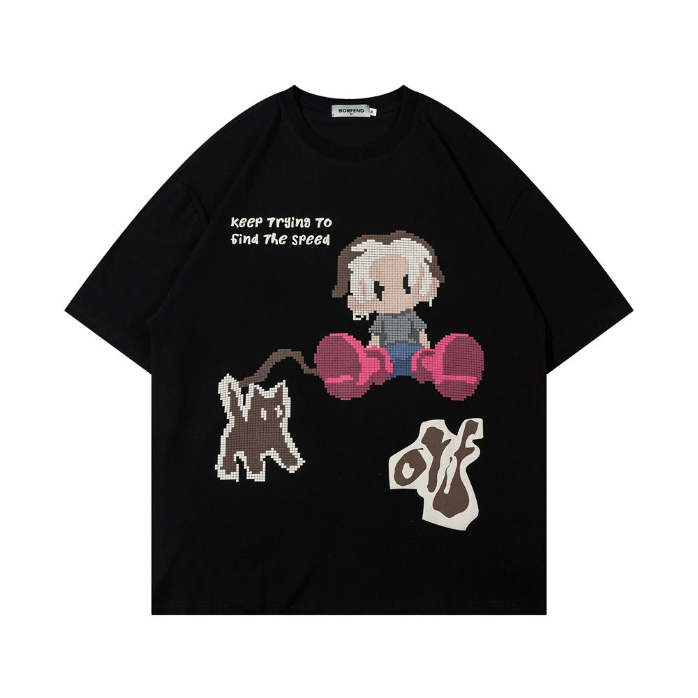 Fun Cartoon Anime Print Short Sleeve T-Shirt Men's High Street Trendy Half Sleeve Pure Cotton Round Neck Loose Tee - Korvel
