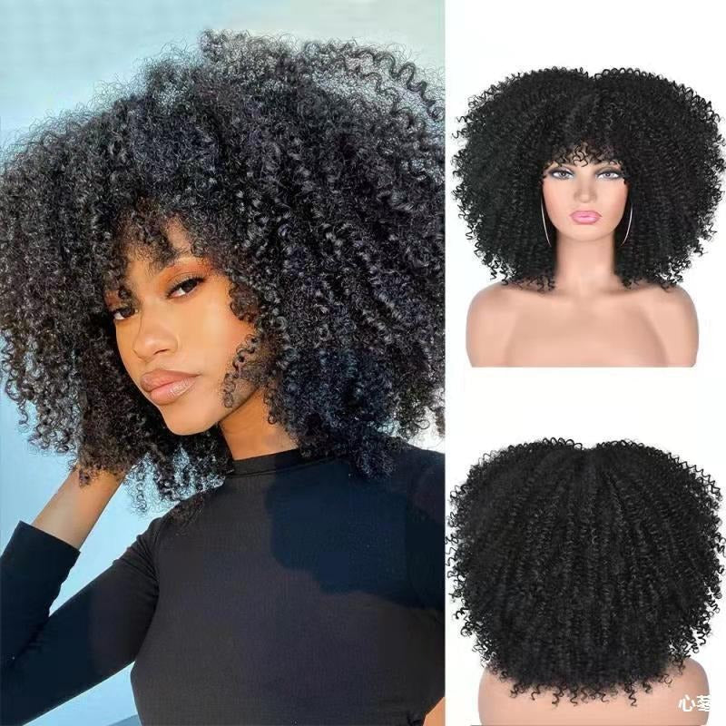 Female Hair African Small Curly Hair Explosion Head Black Chemical Fiber Wig Full Head Set - Korvel