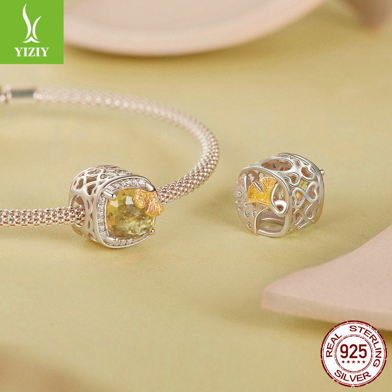 Silver Charm Original Autumn Golden Ginkgo Leaf DIY Bracelet Beads Luxurious Shining s925 Pure Silver Beads Loose Beads - Korvel