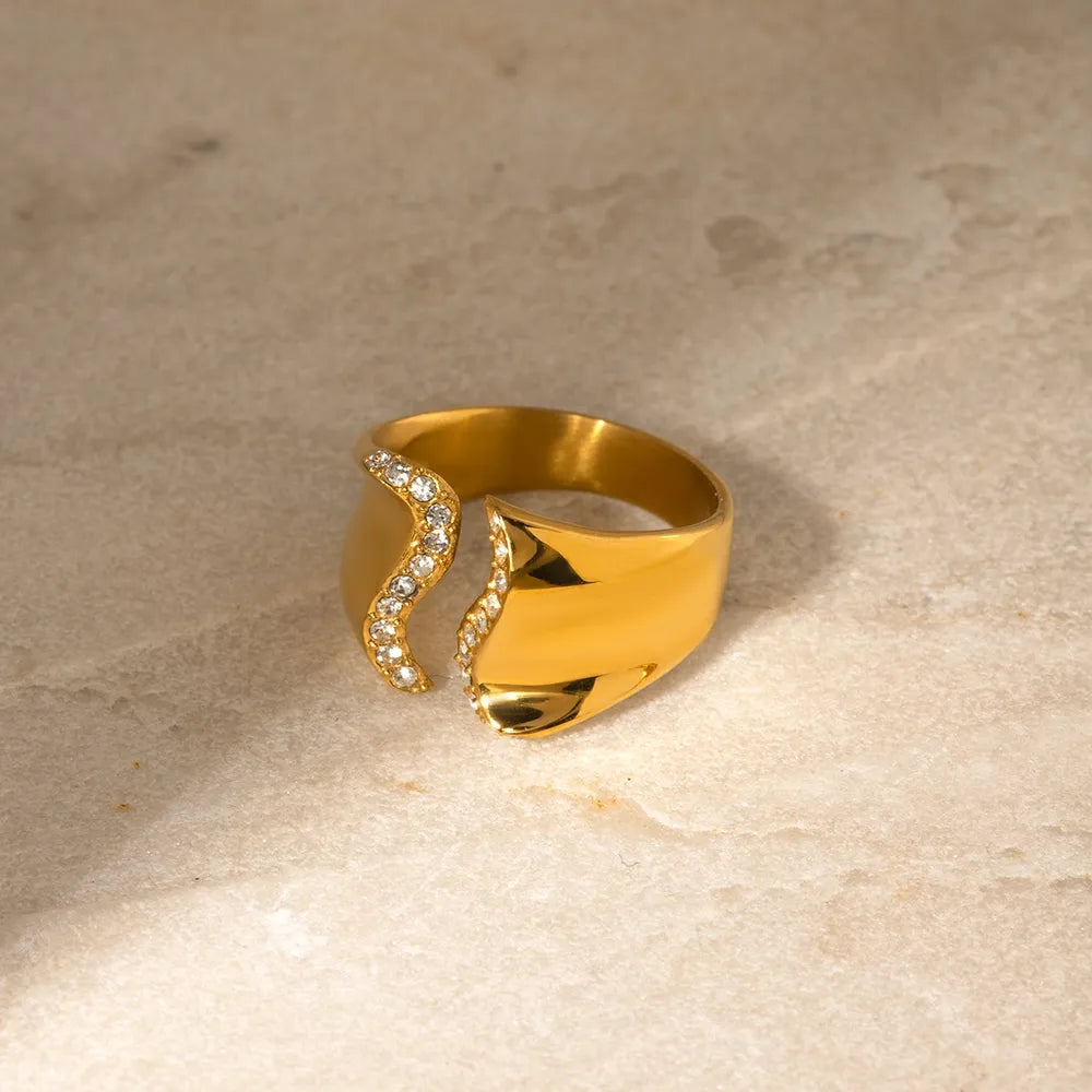 Stainless Steel Inlaid Rhinestone Bypass Ring - Korvel