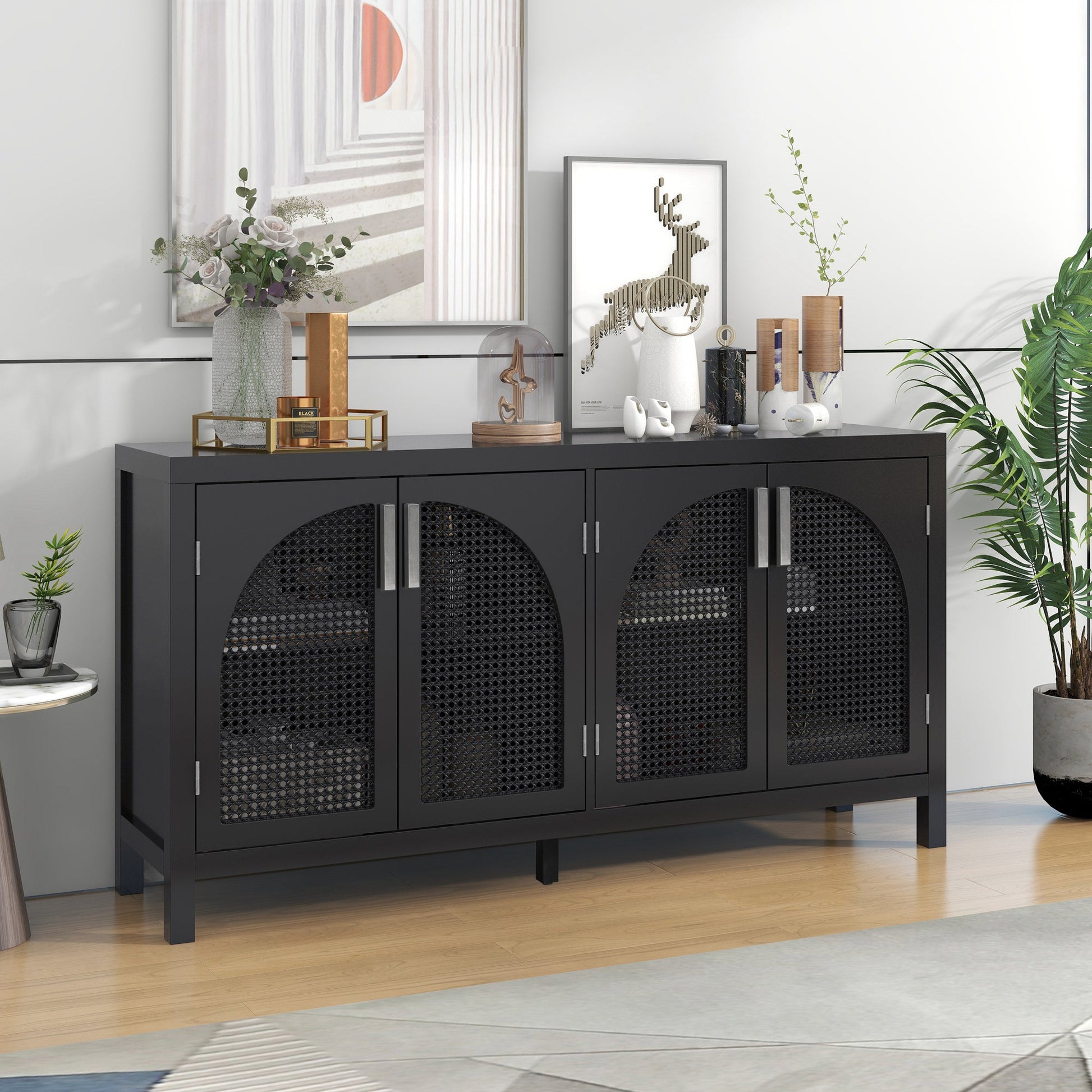 TREXM Large Storage Space Sideboard with Artificial Rattan Door and Metal Handles for Living Room and Entryway (Black) - Korvel