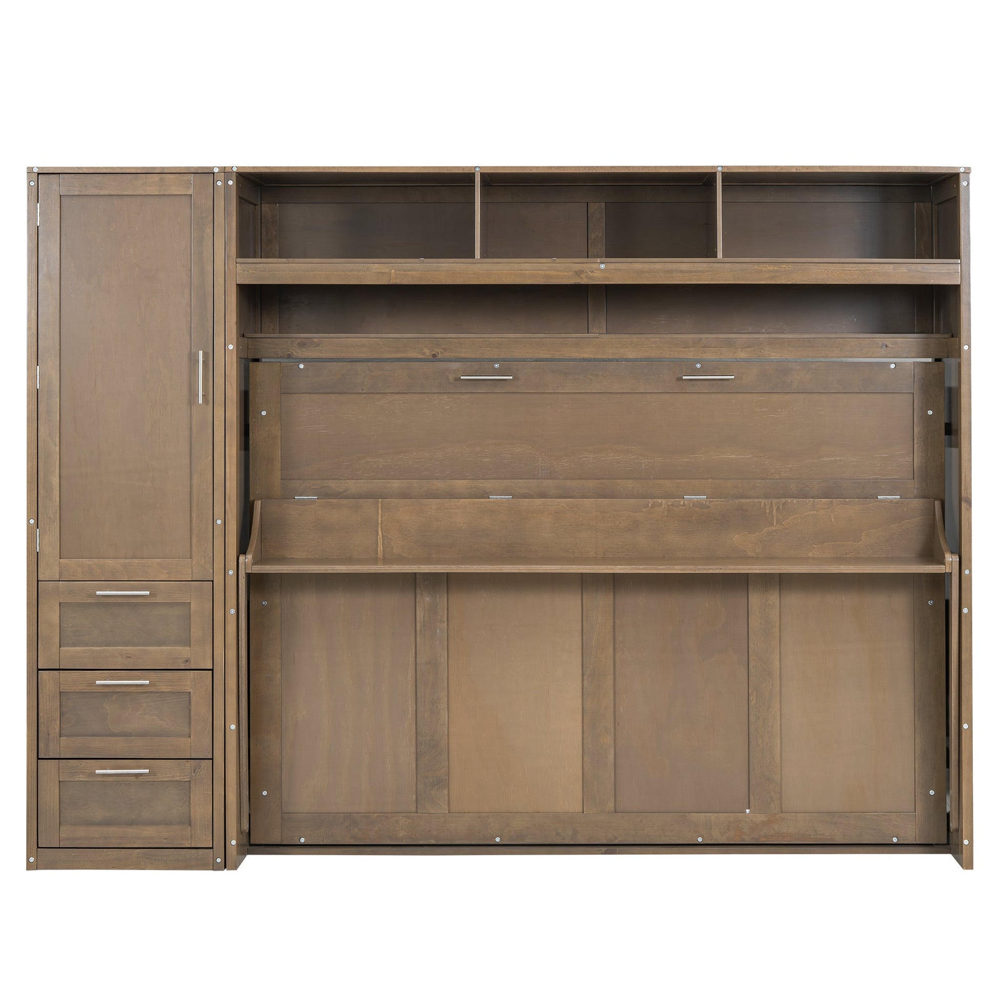 Full Size Murphy Bed with Wardrobe, Drawers and Open Shelves, Antique Grey - Korvel
