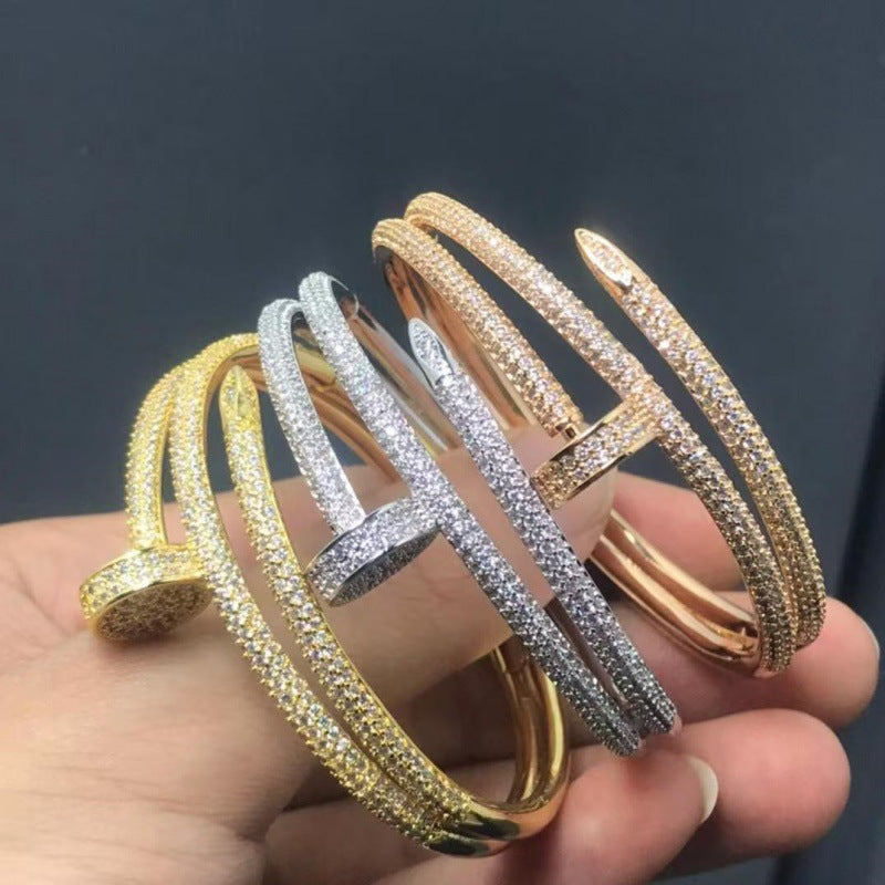 Precision Thick Plating Head and Tail Diamond Fashion Three-Circle Full Diamond Couple Bracelet - Korvel