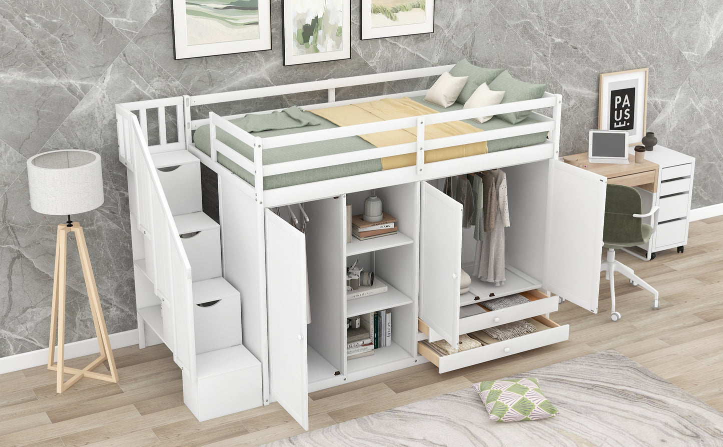 Functional Loft Bed with Storage and Shelves in White