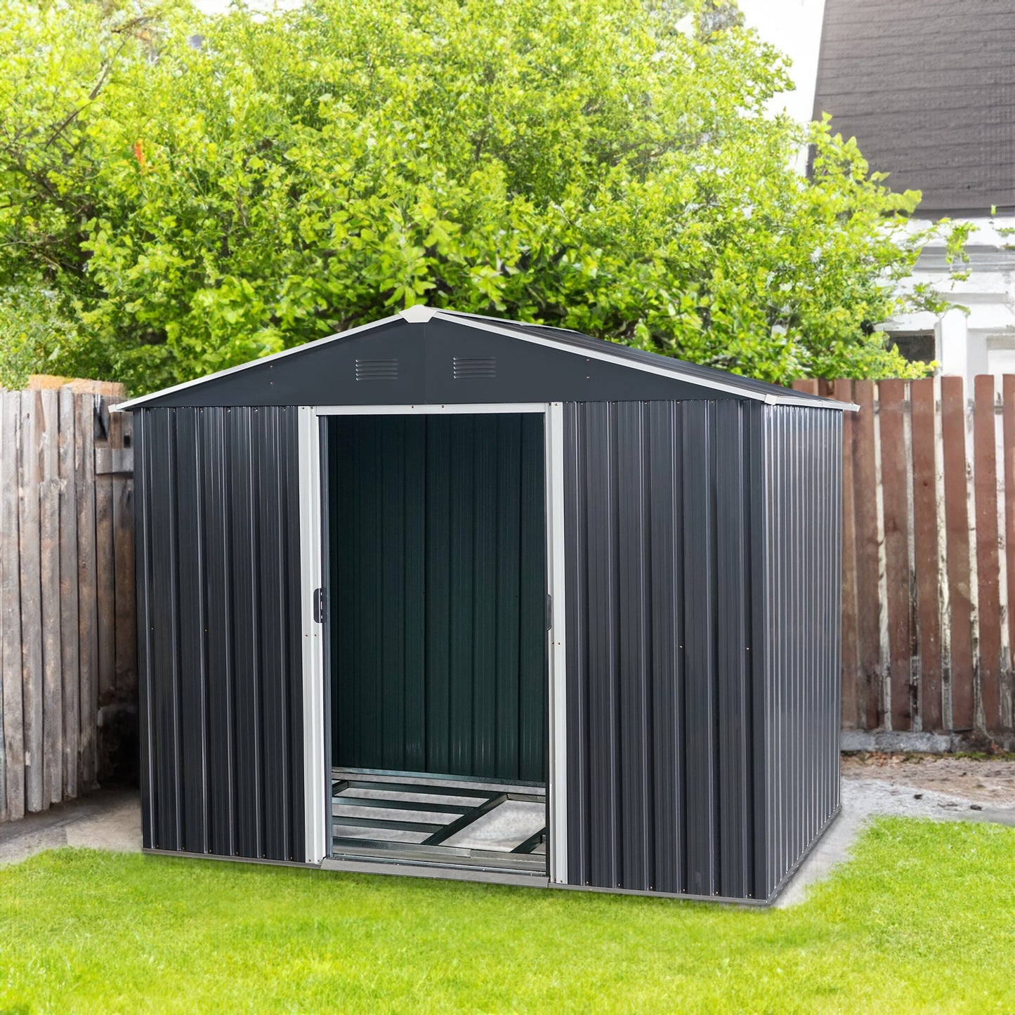 8ft x 6ft Outdoor Metal Storage Shed with Floor Base Black - Korvel