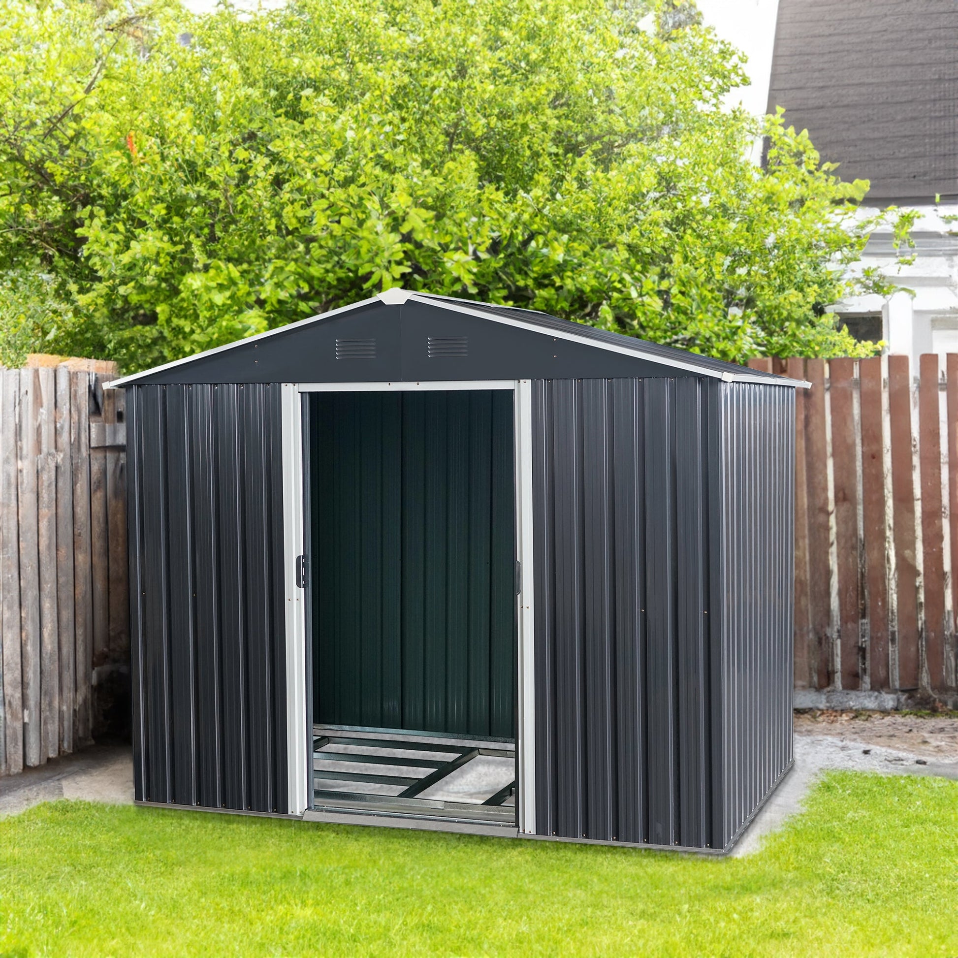 8ft x 6ft Outdoor Metal Storage Shed with Floor Base Black - Korvel