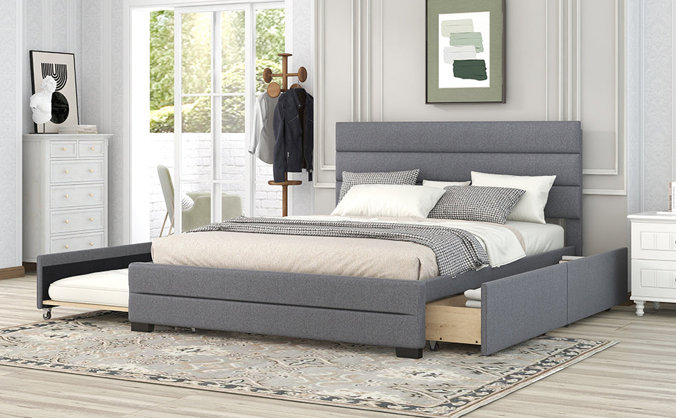 Queen Upholstered Platform Bed with Twin Size Trundle and Two Drawers Grey - Korvel