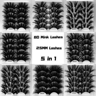 5D 25mm 5 Pairs Mink Eyelashes Multi-Layer Lengthening Thick Thickened False Eyelashes - Korvel
