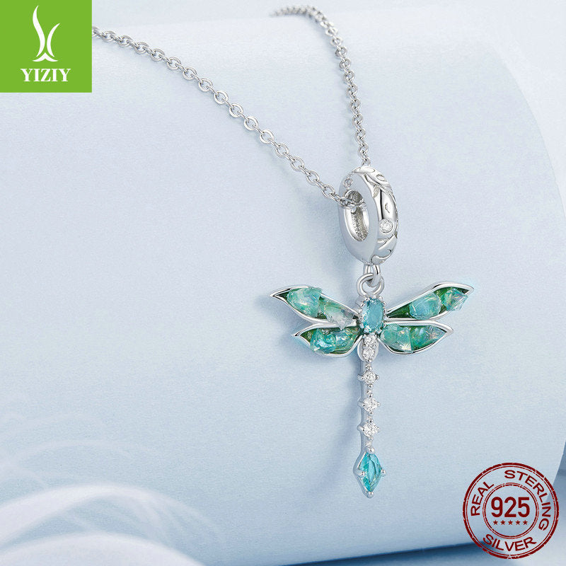 Charm Pendent DIY Libellule Verte Argentée - Argent Pur S925