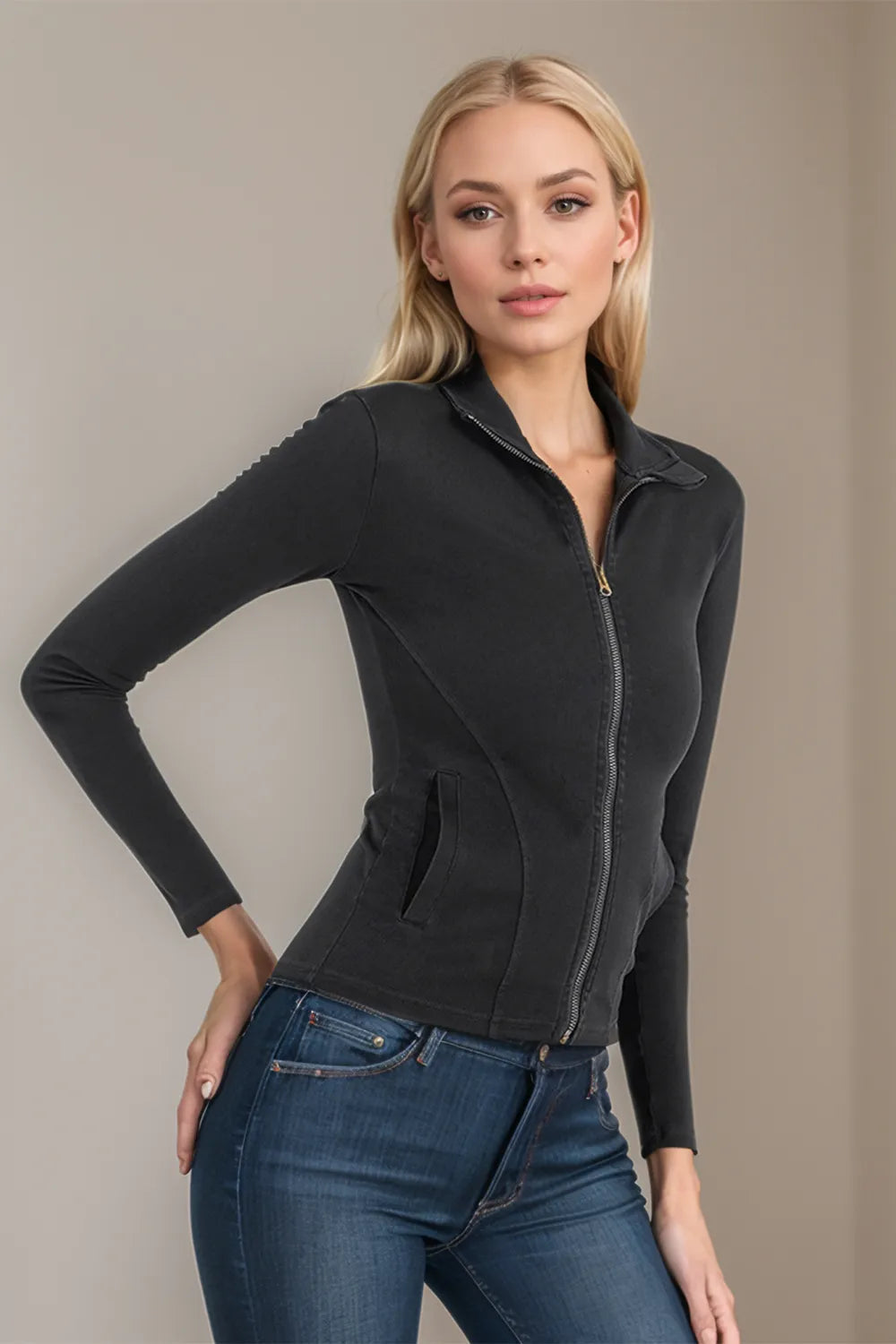 Pocketed Turtleneck Zip Up Denim Top - Korvel