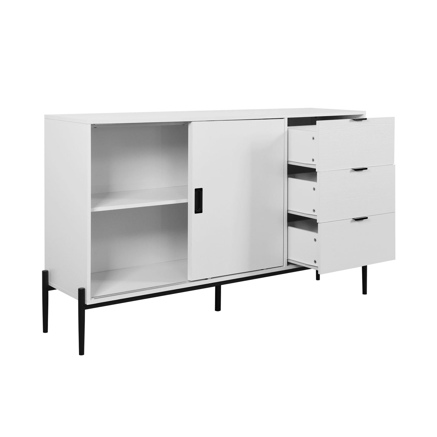 Modern characteristic storage cabinet side panel with glass sliding door and 3 drawers, dining table cabinet in white color - Korvel