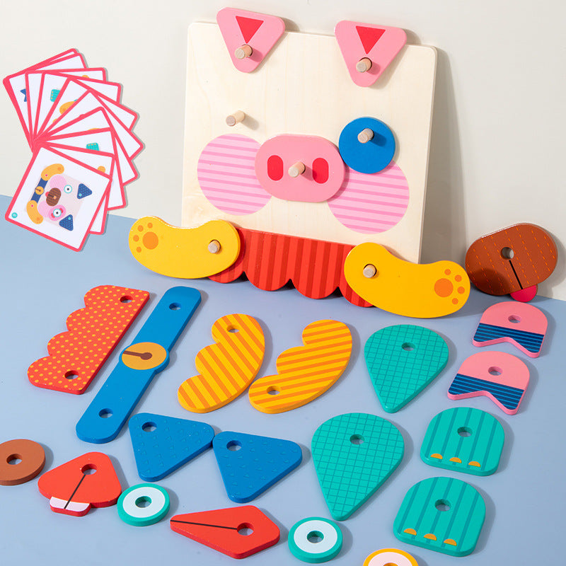 Wooden Creative Animal Puzzle Building Blocks Fun Face Changing 3D Puzzle Fun Kindergarten Puzzle Toy - Korvel