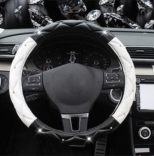 Leather Steering Wheel Covers Crystal Studded Rhinestone Car Steering-Wheel Cover Cases Pink Car Interior Accessories For Girls - Korvel