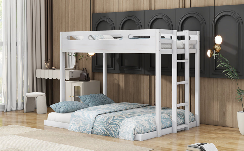 Twin over Full Bunk Bed with Built-in Ladder,White - Korvel