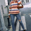 Striped Quarter Zip Dropped Shoulder Sweatshirt