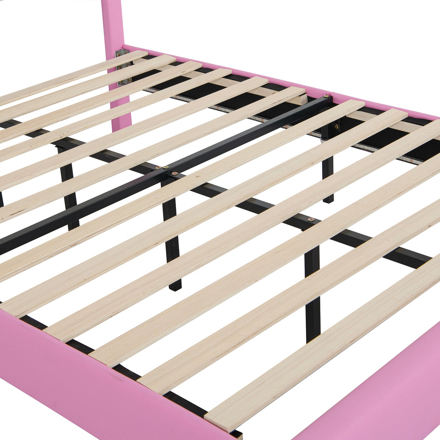 Full Size Upholstered Bed Frame with LED Lights, Modern Upholstered Princess Bed with Crown Headboard, Pink+White - Korvel