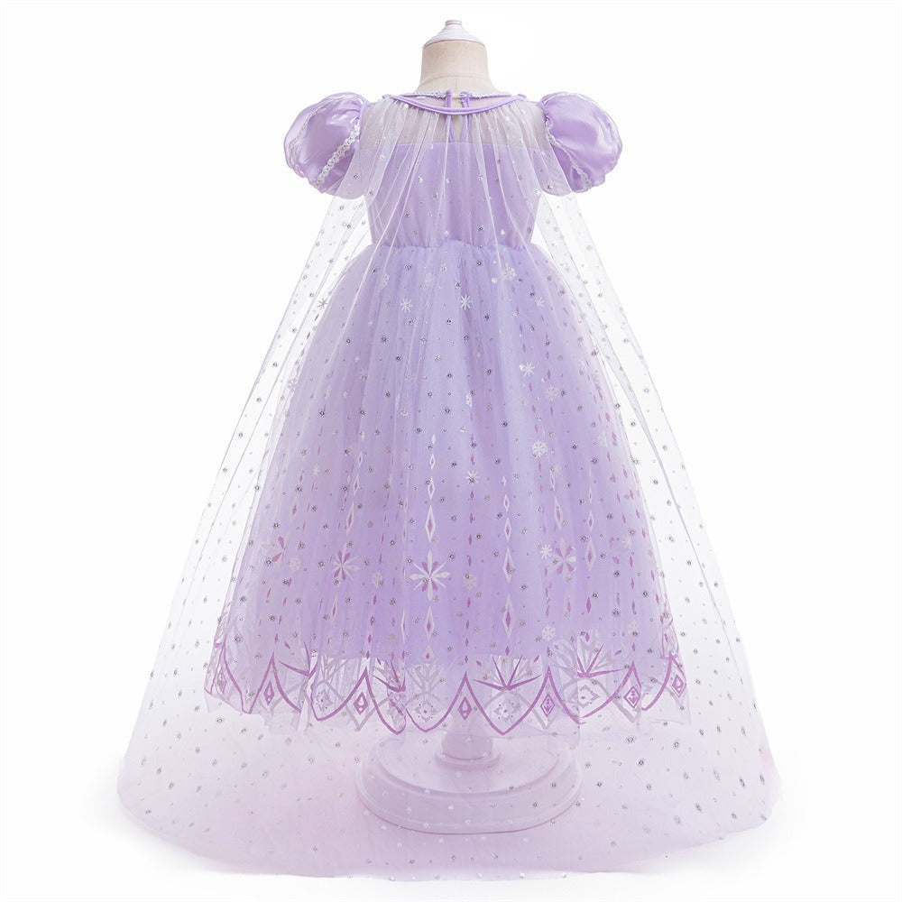 Frozen 2 Elsa Princess Dress Purple Bubble Sleeves Pearl Mesh Girls' Cosplay Dress Performance Dress - Korvel