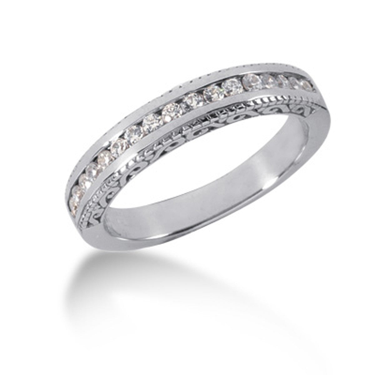 Anillo de boda vintage grabado en diamante de oro blanco de 14k