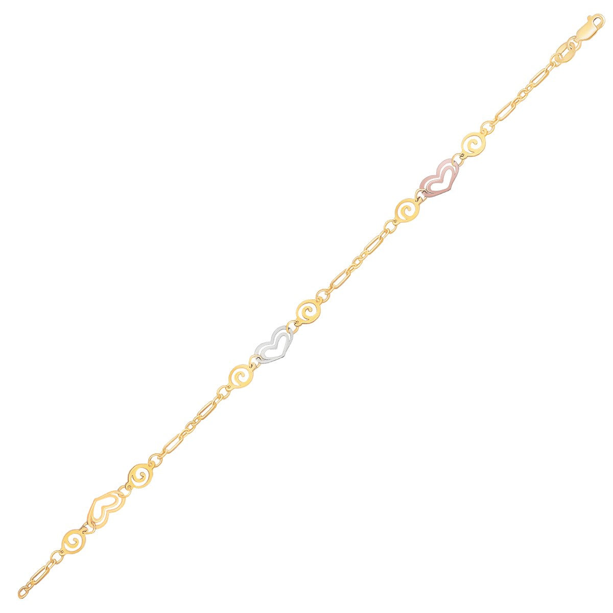 14k Tri-Color Gold Anklet with Heart Stations
