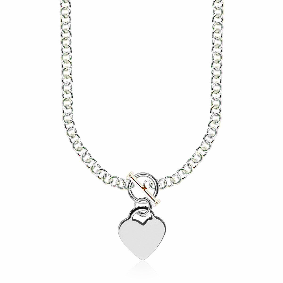 Collar de Cadena Rolo de Plata de Ley Baño de Rodio con Charm de Corazón
