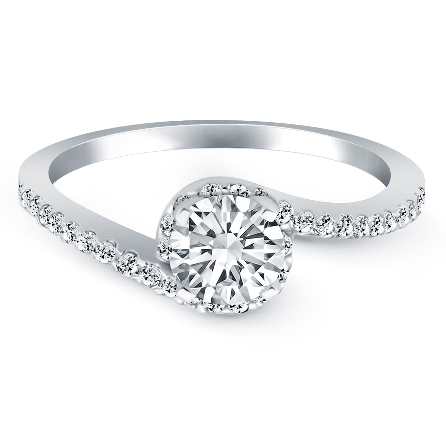 Anillo de Compromiso con Halo de Diamantes en Oro Blanco de 14k con Diseño Bypass