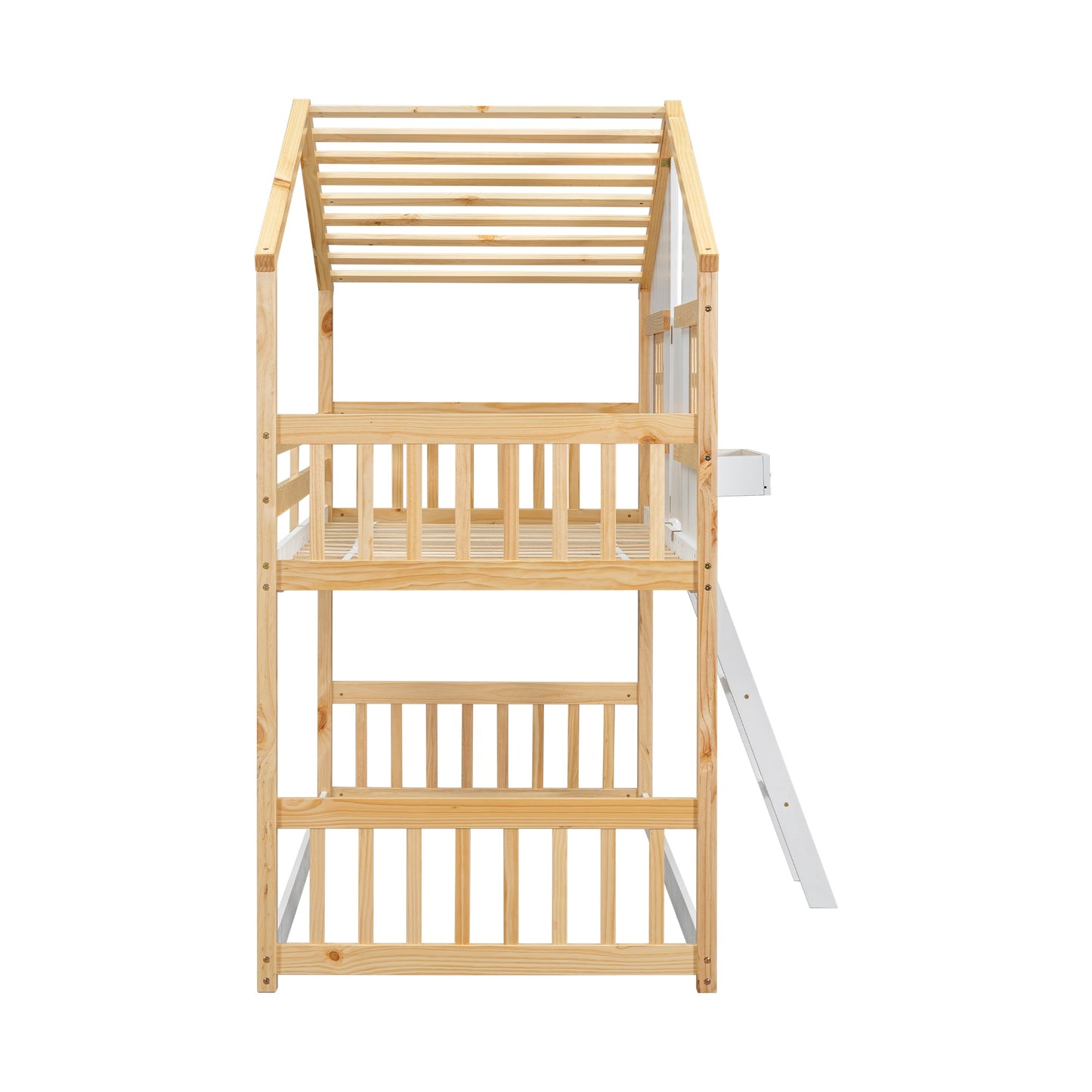 Twin over Twin House Bunk Bed with Roof , Window, Window Box, Door , with Safety Guardrails and Ladder, Natural/White - Korvel